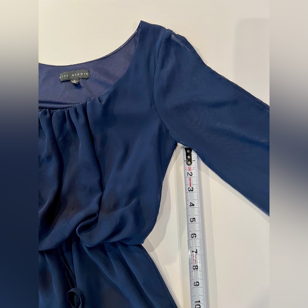 City Studio Crochet Blouson Waist Split Sleeve Navy Dress Sheer Small Delicate - Picture 7 of 15
